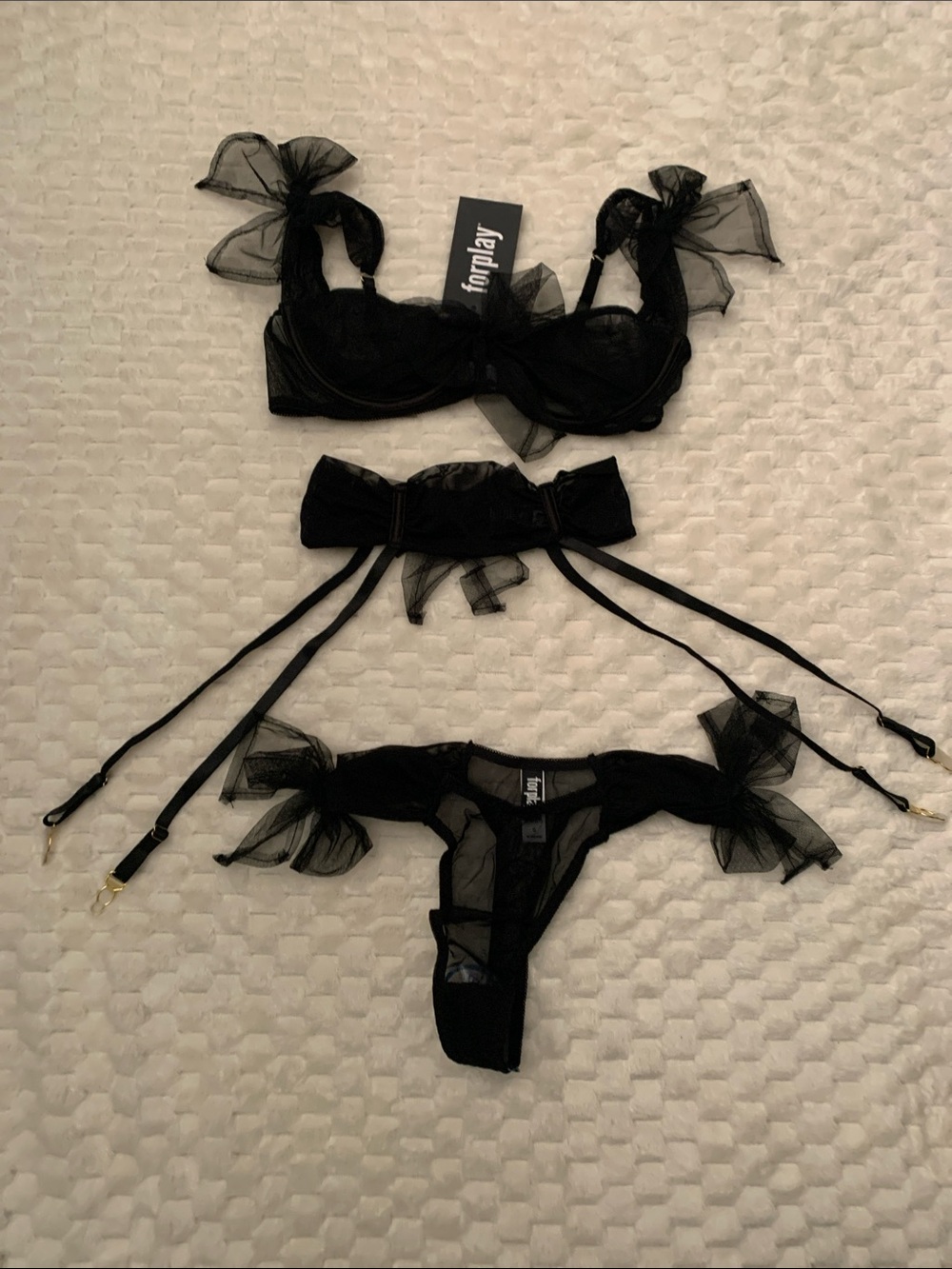 Forplay Black Sheer Bow-Accent Bra & Garter Set